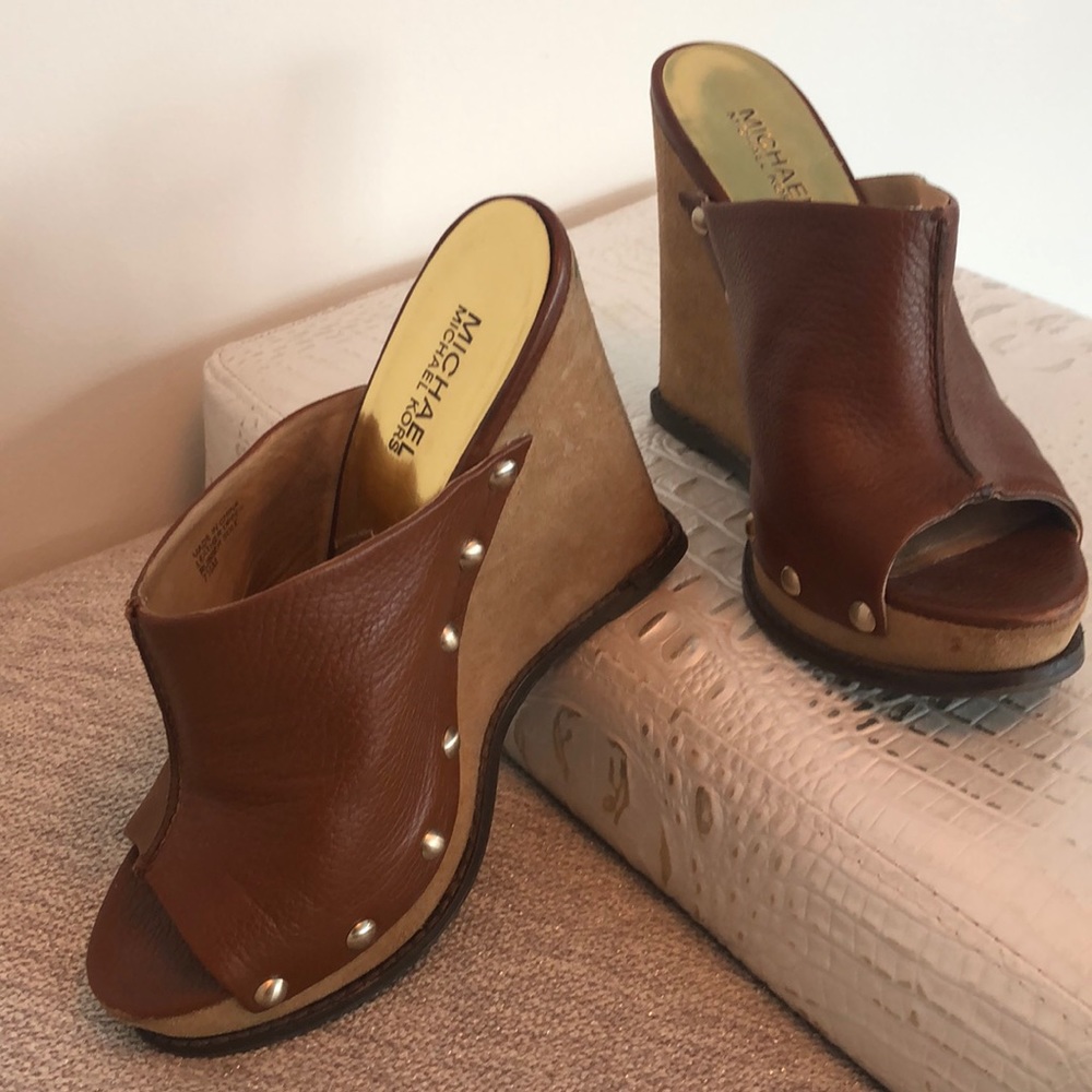Michael Kors Brown Leather Studded Wedges